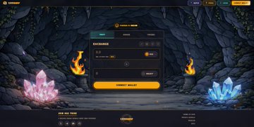 The image features an online gaming community page that showcases various elements of the gaming world. The main focus is a website with a dark background featuring two blue crystals positioned at the top left corner, surrounded by green plants. Below them, there are three fire-breathing dragons, each with different colors - pink, purple, and blue. These dragons are located in the middle section of the image.

The main content on the page is a button that says "EXIT" at the top left corner, indicating that users can leave the gaming community. Below this, there's another button labeled "ENTRANCE", suggesting that players can enter the gaming world. The website also includes a drop-down menu with options for different game genres and a search bar to find specific games or characters within the community.