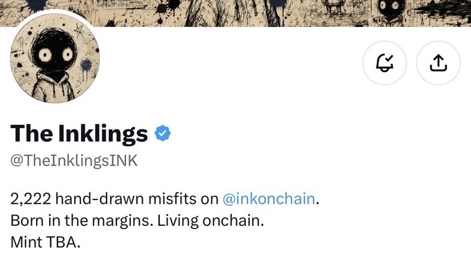 A Twitter/X profile page for 'The Inklings' (@TheInklingsINK) with a hand-drawn black character avatar, describing itself as '2,222 hand-drawn misfits on @inkonchain. Born in the margins. Living onchain. Mint TBA.'