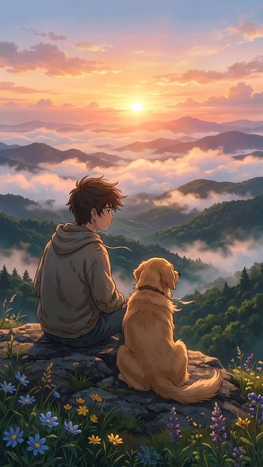 An anime-style illustration depicts a boy with brown hair and a golden retriever sitting together on a rocky cliff edge, overlooking a vast mountainous landscape filled with mist and clouds at sunset, surrounded by wildflowers.