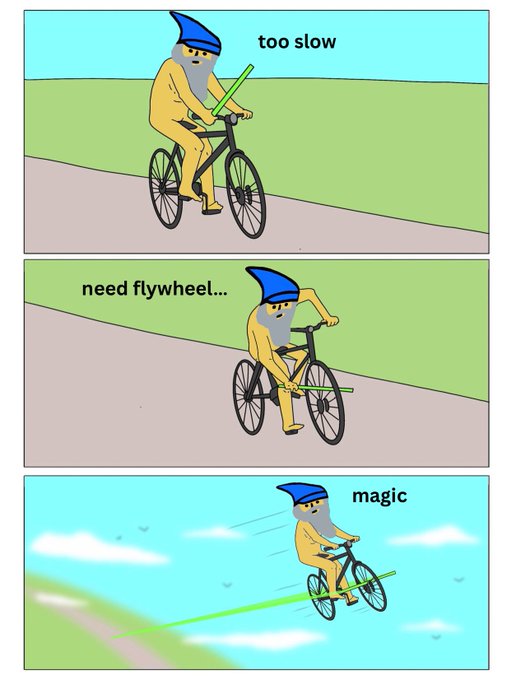 A wizard rides a bicycle labeled "too slow," realizes he "need flywheel..." in the second panel, and soars through the sky on his bike in the third panel labeled "magic."