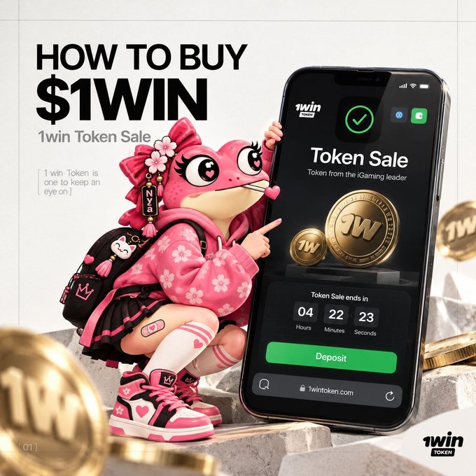 Promotional graphic for '1win Token Sale' featuring a pink lizard mascot pointing at a smartphone showing the token sale interface with a deposit button.