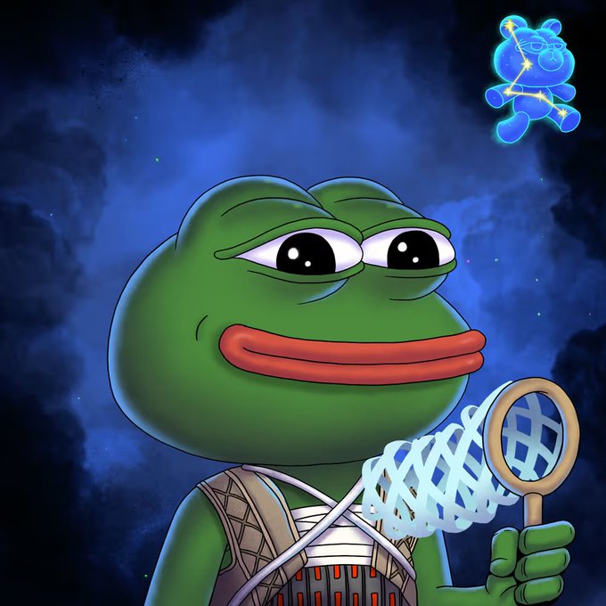 An illustrated green Pepe frog character in samurai-style armor holding a net, with a blue zodiac constellation bear illustration in the upper right corner.