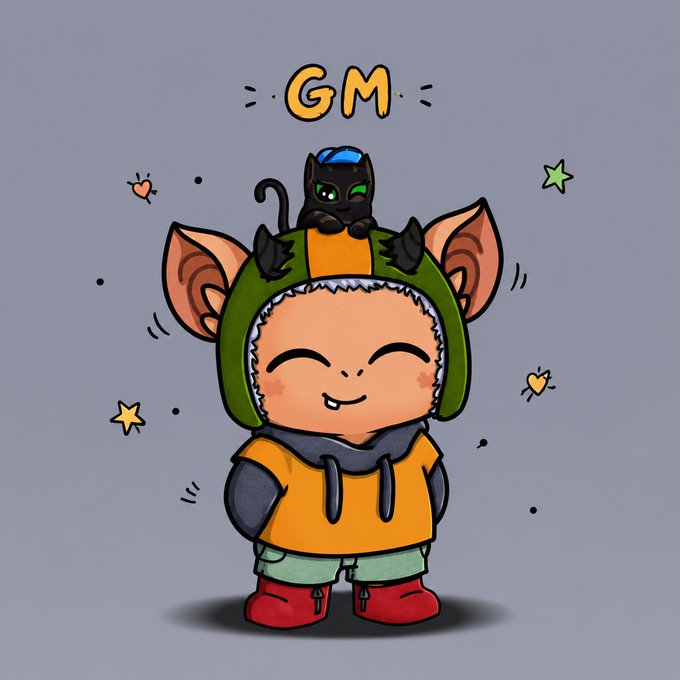 A cartoon character wearing a green hooded outfit with large ears, smiling and saying 'GM', with a small black cat sitting on top of its head.