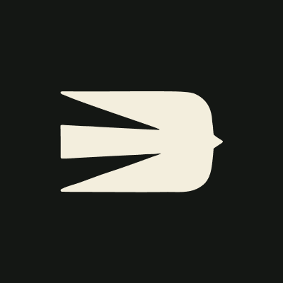 A simple white stylized logo on a black background, resembling a hand gesture or abstract shape pointing rightward.