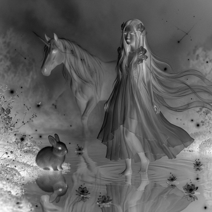 A monochromatic digital illustration depicts a young girl in a flowing dress walking barefoot through a misty landscape alongside a unicorn and a small rabbit, with delicate flowers scattered around the shallow water.
