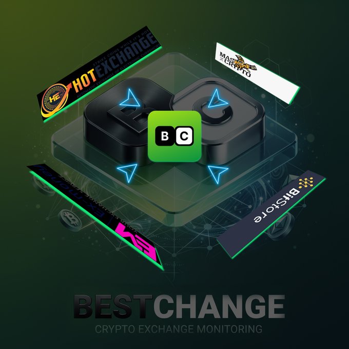 A digital graphic for "BESTCHANGE - CRYPTO EXCHANGE MONITORING" featuring a central "BC" logo surrounded by exchange badges including "HOT EXCHANGE," "MAGNITTO," "KENT," "BitStore," and "WBCEX."