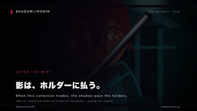 A promotional graphic for the "SHADOW//RONIN" NFT collection on ARC MAINNET features an anime-style character with a katana, displaying the tagline "When this collection trades, the shadow pays the holders" and noting that "70% of creator fees return to holders · claim on-chain." The image ties to the post's giveaway request by showcasing the project (@ShadowRoninARC) that participants must engage with for a chance to win.