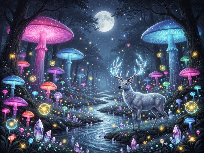 The image features a deer standing in front of a river surrounded by mushrooms, with a full moon visible in the background. The deer appears to be looking at something or someone off-camera. The overall scene has a dreamy and whimsical atmosphere, creating an artistic and imaginative representation of nature's beauty.