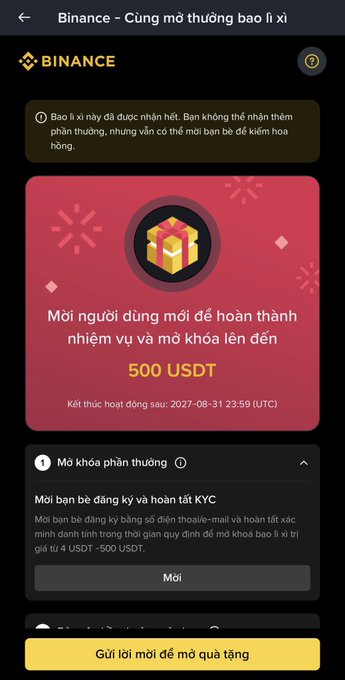 A Vietnamese Binance promotional screen titled 'Binance - Cùng mở thường bao lì xì' offering new users up to 500 USDT for completing KYC and tasks, ending 2027-08-31 23:59 (UTC).
