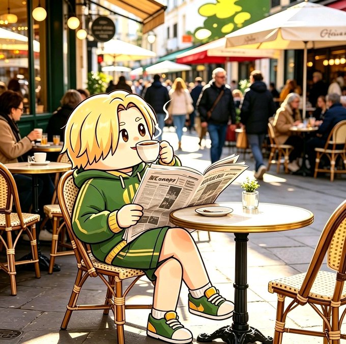 An anime-style illustration of a blond character in a green hoodie sitting at a Parisian-style café table, drinking coffee while reading a newspaper, with patrons at outdoor café seating around them.