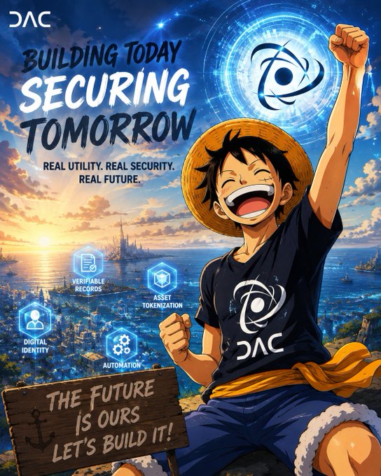 An anime-style promotional graphic for 'DAC' featuring a cheering character with the text 'BUILDING TODAY, SECURING TOMORROW', 'REAL UTILITY. REAL SECURITY. REAL FUTURE.', and a sign stating 'THE FUTURE IS OURS, LET'S BUILD IT!'.