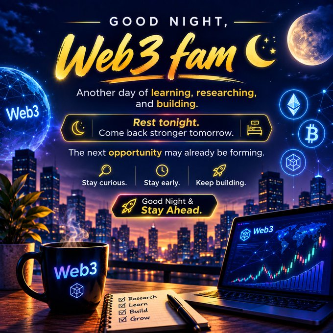 A stylized 'Good Night, Web3 fam' graphic features a nighttime cityscape with cryptocurrency symbols (Ethereum, Bitcoin), a Web3-branded coffee mug, a laptop displaying a trading chart, and motivational text encouraging rest and continued learning, researching, and building.