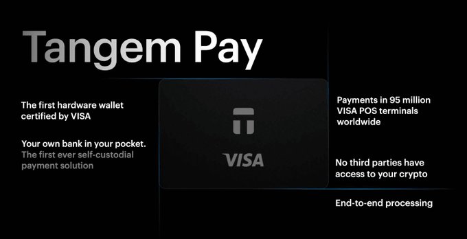 An advertisement for 'Tangem Pay' featuring a VISA card, described as 'The first hardware wallet certified by VISA' and 'Your own bank in your pocket. The first ever self-custodial payment solution.'