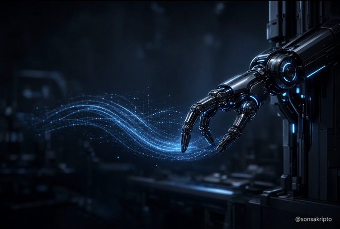 A futuristic sci-fi artwork by @sonsakripto showing a robotic hand with glowing blue energy waves flowing between its fingers in a dark industrial setting.