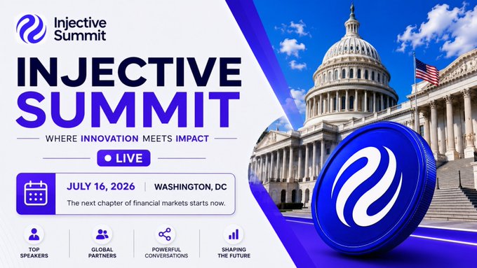 The Injective Summit 2026 is live in Washington, D.C. on July 16, 2026, focusing on the future of onchain finance with discussions on Tokenization. The image depicts the Capitol building with a prominent Injective logo coin.