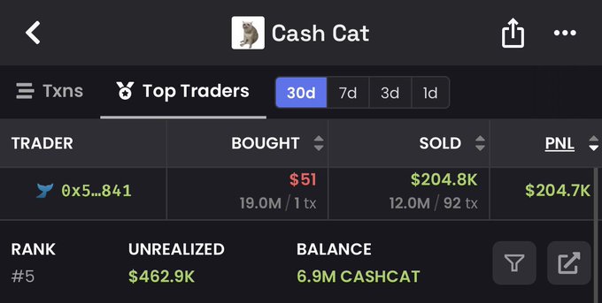 The image shows a "Top Traders" analytics page for the token $CASHCAT (Cash Cat), highlighting a top trader with wallet address 0x5...841 who bought 19.0M tokens for $51 and sold 12.0M for $204.8K, netting a $204.7K profit with an unrealized balance of $462.9K and 6.9M CASHCAT remaining. This visualizes the post's claim of a massive ~12,900x return on a tiny $51 investment in $CASHCAT.