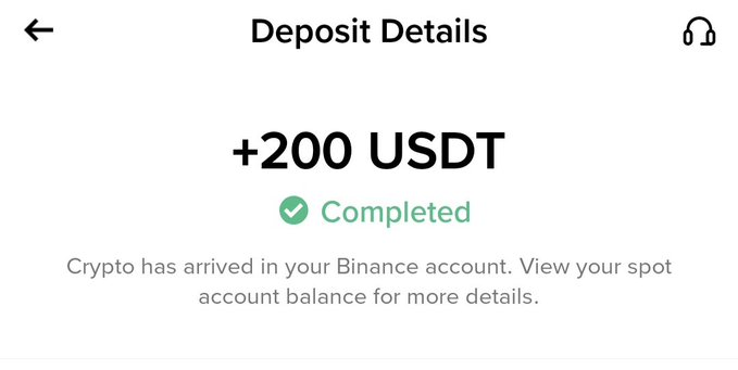 A Binance deposit confirmation screen showing '+200 USDT' with a green 'Completed' checkmark and the message 'Crypto has arrived in your Binance account.'