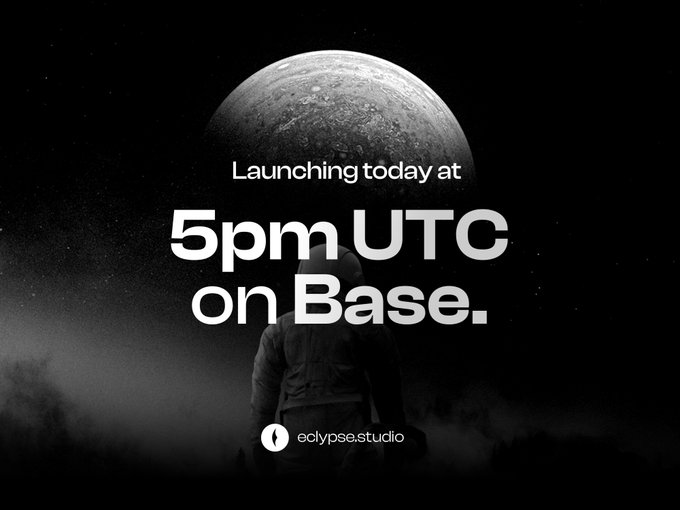 The image features a man standing under a large planet, with the words "5pm UTC" written above him. The background of the image is black and white, creating a stark contrast that makes the man stand out. Below the man, there's text that reads "1 Hour to Go The native token of Eclypse launches in just 1 hour on Base." This message emphasizes the importance of being ready for the launch at 5pm UTC.