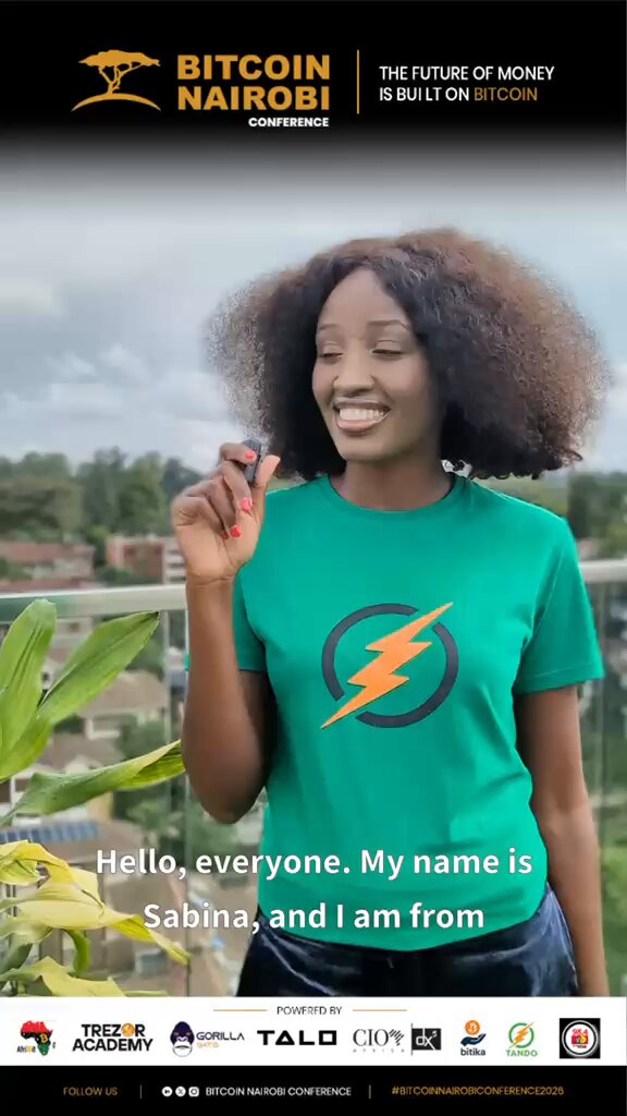The image features a woman wearing a green shirt with a lightning bolt design, standing next to a plant. The background of the image shows a city skyline, indicating that she might be at an urban location or event related to Bitcoin. The text on the image includes the names of some key figures and players in the Bitcoin community, such as @afribit_kibera, @trezoracademy, and @waithiraah. These individuals are likely involved in the development and promotion of Bitcoin technology.