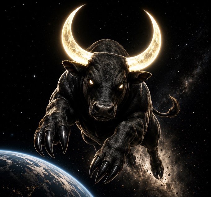 A dramatic digital artwork depicting a fierce black bull with glowing golden crescent horns and claws leaping through space above Earth, set against a starry cosmic background.