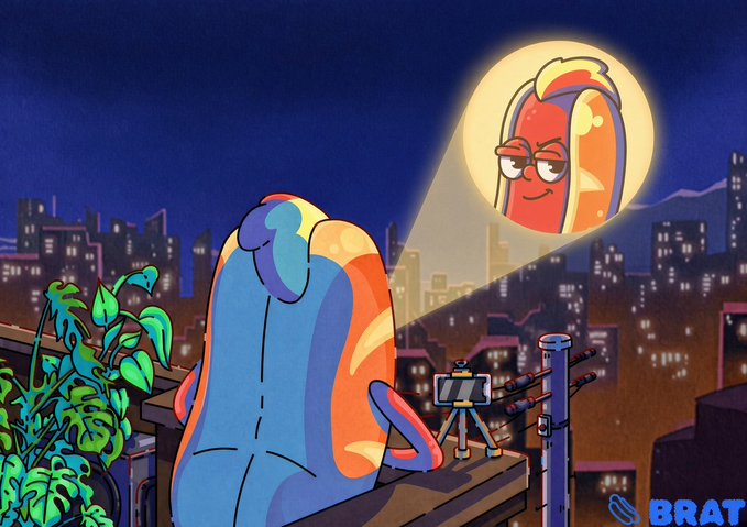 A cartoon illustration showing two anthropomorphic food characters at night, with one shining a spotlight on the other wearing glasses, set against a city skyline.