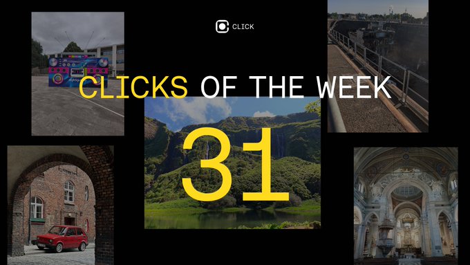 A graphic titled 'CLICKS OF THE WEEK 31' displays a collage of five photographs including a colorful bus, a waterfall, a red car, and an ornate church interior.