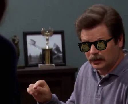 A screenshot from a TV show showing a man with a mustache and slicked-back hair wearing a digitally added pair of sunglasses with Shiba Inu dog faces on the lenses, sitting in what appears to be an office with a trophy in the background.