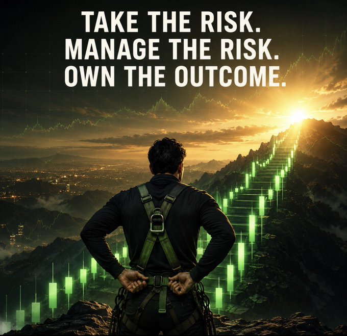 A man in climbing gear stands at a mountain's edge overlooking a glowing green candlestick chart, with the bold text "TAKE THE RISK. MANAGE THE RISK. OWN THE OUTCOME." reinforcing the post's message about disciplined trading and calculated risk-taking rather than chasing every breakout.