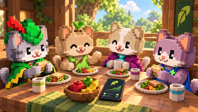 Four pixel-art cats in colorful outfits sit around a wooden table enjoying a meal of sandwiches, fruit, and cups in a sunlit treehouse setting.