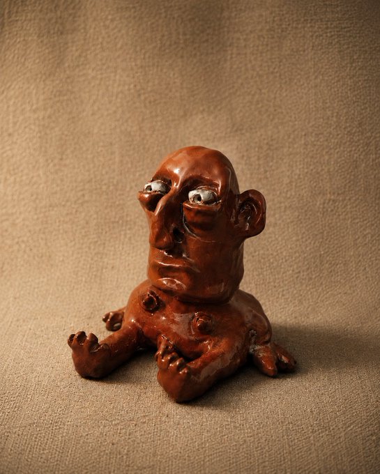 A small brown clay sculpture of a quirky, big-eyed creature sitting on a beige surface, appearing to be a folk art piece.