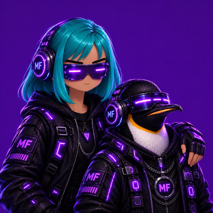 A digital illustration featuring a teal-haired anime-style character and a penguin wearing matching cyberpunk outfits with glowing purple neon accents and 'MF' logos.