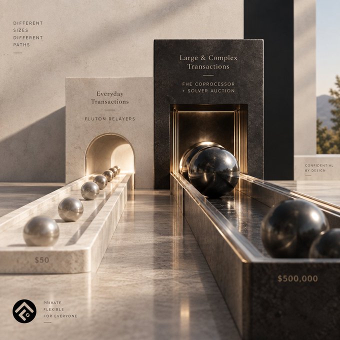A 3D rendered infographic comparing 'Everyday Transactions' with small silver balls in a $50 track to 'Large & Complex Transactions' with larger dark spheres in a $500,000 track, labeled 'FHE Coprocessor + Solver Auction' by 'FLUTON RELAYERS'.
