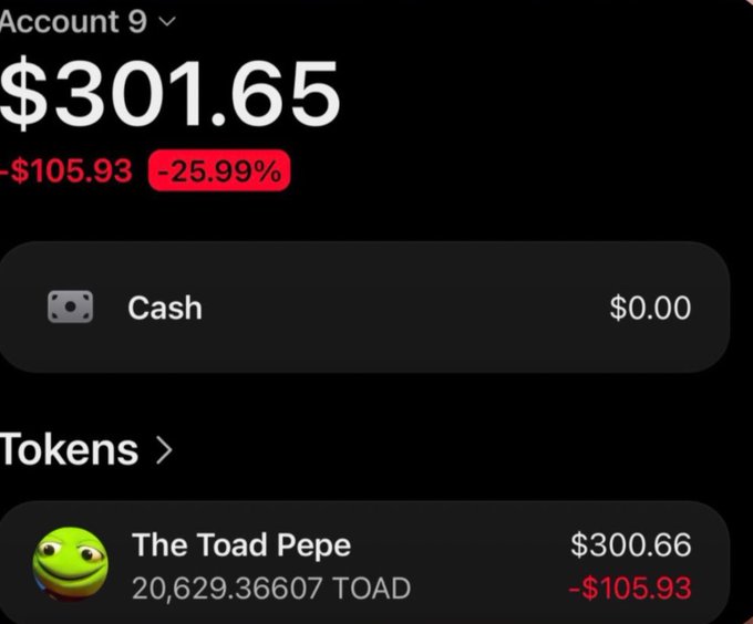 The image shows a cryptocurrency wallet account displaying a balance of $301.65, down $105.93 (-25.99%), holding 20,629.36607 "The Toad Pepe" (TOAD) tokens valued at $300.66, which aligns with the post's reference to Internet friends earning around $300 and promoting Cade Market as a prediction market platform.