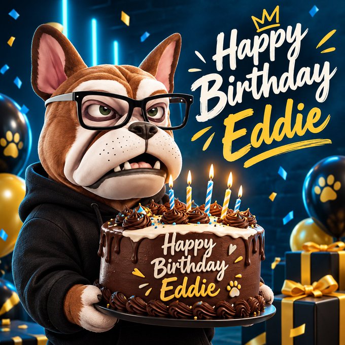 A 3D-rendered birthday card featuring a bulldog wearing glasses and a hoodie, holding a chocolate cake with lit candles and the text 'Happy Birthday Eddie'.