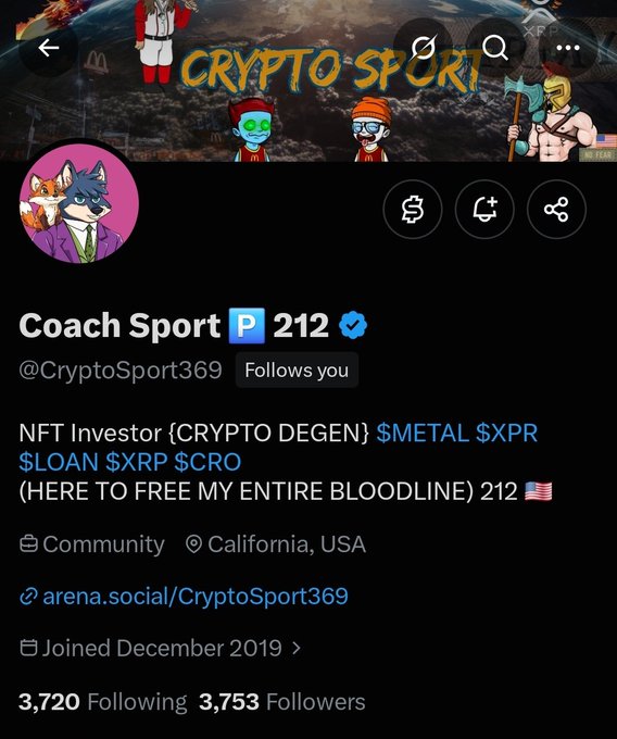 A Twitter/X profile page for 'Coach Sport 212' (@CryptoSport369), a 'Community' account located in California, USA, focused on crypto and NFTs ($METAL, $XPR, $LOAN, $XRP, $CRO), with 3,720 Following and 3,753 Followers.