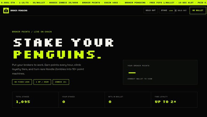 A website screenshot for 'BROKER PENGUINS' featuring the headline 'STAKE YOUR PENGUINS.', explaining a point-based loyalty system for turning Hoodie Zombies into 10+ point machines, with a total staked count of 1,095.