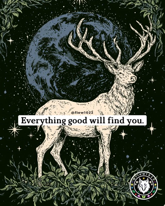 A stylized illustration features a majestic stag with large antlers standing in front of a blue moon against a starry night sky, framed by leafy branches. A text overlay reads, "Everything good will find you." with the watermark "@flow1022" and a logo in the bottom right corner.