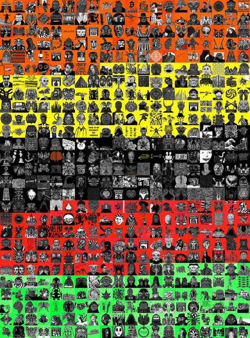 A dense mosaic of hundreds of small black-and-white pixel-art style icons arranged in horizontal bands of orange, yellow, black, red, and green backgrounds, displaying various characters, creatures, symbols, and text snippets — representing the vast collection of images inscribed as Bitcoin Ordinals.
