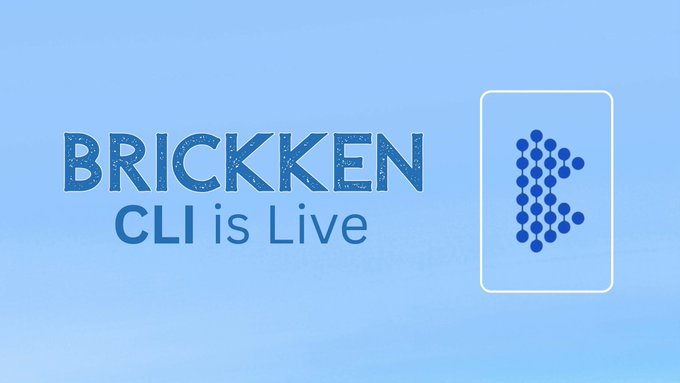 The image displays a blue gradient announcement graphic reading "BRICKKEN CLI is Live," featuring a stylized logo on the right composed of connected dots forming a "B" shape within a rounded frame—visually reinforcing the post's introduction of Brickken's new CLI tool for AI agent execution, identity verification, and token deployment.
