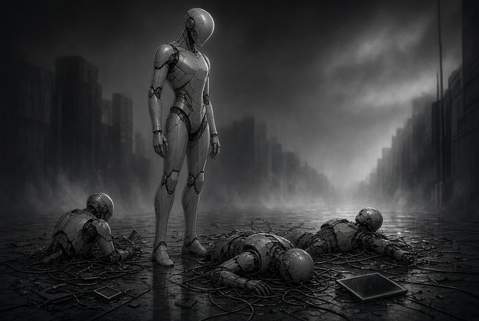 A dark, dystopian black-and-white digital artwork showing a humanoid robot standing in a foggy ruined city, surrounded by deactivated or destroyed robot bodies on the ground.