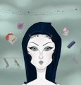 Stylized illustration of a pale-skinned woman with dark hair and striking eyes against a muted green background with floating colorful petals or petals.