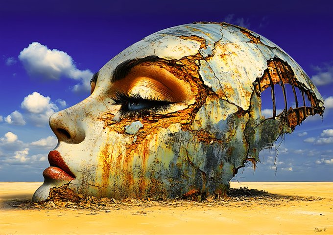 A surreal digital artwork of a woman's face that transitions into a rusted, decaying metal structure on one side, set against a desert landscape with blue skies and clouds.