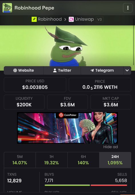 A token tracker page for 'Robinhood Pepe' on Robinhood and Uniswap V3, showing a price of $0.003805, $200K liquidity, $3.6M market cap, and dramatic gains including 1,095% in 24H.