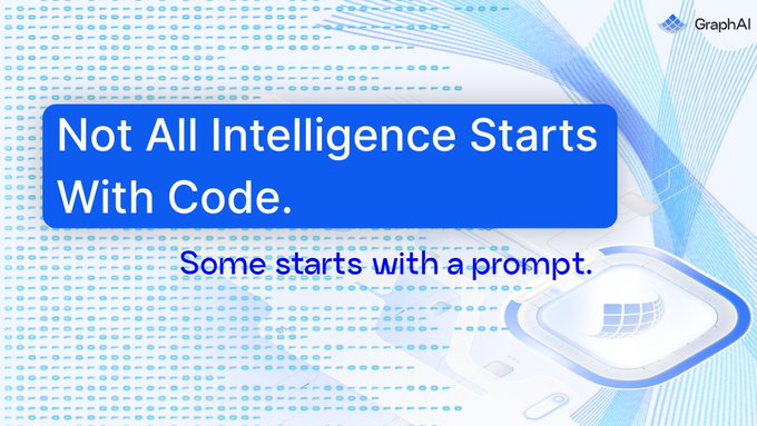 The image features a blue banner with white text that reads "Not All Intelligence Starts With Code". The background of the image has a patterned design consisting of small circles and lines. There are also two icons present, one located at the top left corner and another in the bottom right corner.