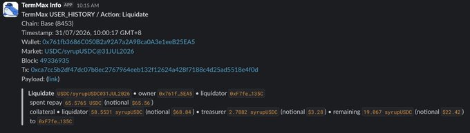 A notification from TermMax showing a 'Liquidation' event on the Base chain (8453) for the USDC/syrupUSDC market, detailing collateral, debt, and treasury values.