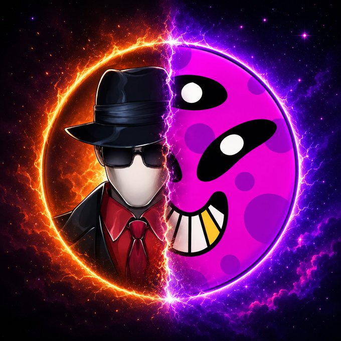 A striking digital artwork split down the middle by lightning, featuring a mysterious figure in a black hat, sunglasses, and red shirt on the left (fire-themed), and a purple spotted grinning moon-face on the right (cosmic-themed).