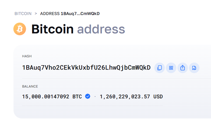A Bitcoin wallet screenshot showing address '1BAuq7...CmWQkD' with a balance of 15.00047092 BTC valued at approximately $1,260,229,023.57 USD.