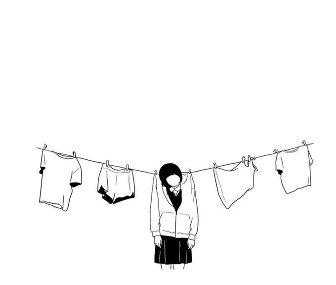 A black and white minimalist illustration of a schoolgirl with a blank face hanging from a clothesline by a clothespin on her collar, surrounded by hanging clothes.