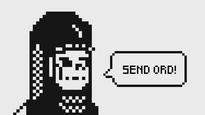 A pixel art grim reaper with a hooded cloak and checkered scarf declares "SEND ORD!" in a speech bubble, humorously playing on the crypto term "Ordinals." The skeletal figure's command to "send ord" serves as a playful nod to Bitcoin Ordinals and on-chain transactions.