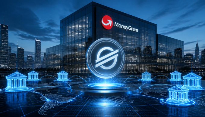 A modern MoneyGram corporate building glows at dusk, prominently displaying the MoneyGram logo, with a holographic Stellar (XLM) coin hovering above a digital network of interconnected bank icons, visually symbolizing MoneyGram's blockchain-based global payment infrastructure powered by Stellar.